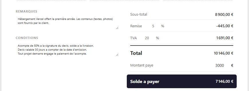 Bloc des totaux : remise, TVA, total, montant payé, solde