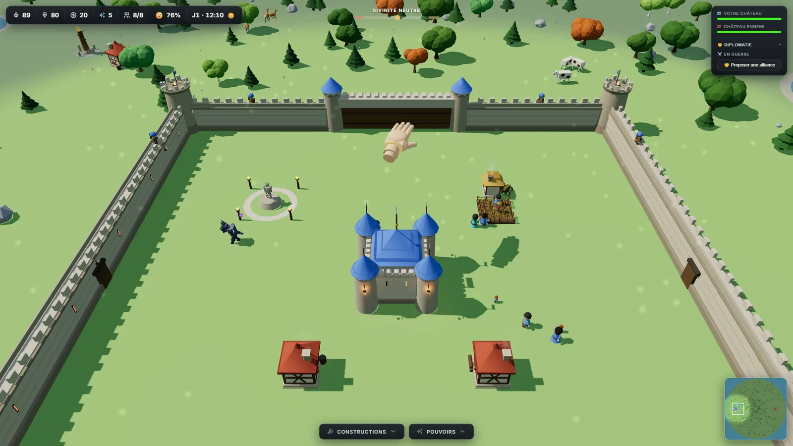 Vue de jeu : château bleu, remparts, main divine, créature et villageois